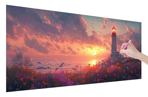 Diamond Painting Erwachsene, Leuchtturm Diamant Painting Bilder Set für Anfänger (250x100cm), 5D DIY Crystal Strass Stickerei Sonnenuntergang Diamant Malerei Kit, Bastelset Erwachsene für Wanddeko Q-3 von Lijahoo