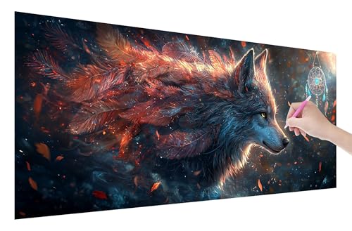 Diamond Painting Erwachsene, Wolf Diamant Painting Bilder Set für Anfänger (150x60cm), 5D DIY Crystal Kunst Strass Stickerei Traumfänger Diamant Malerei Kits, Bastelset Erwachsene für Wanddeko W-55 von Lijahoo