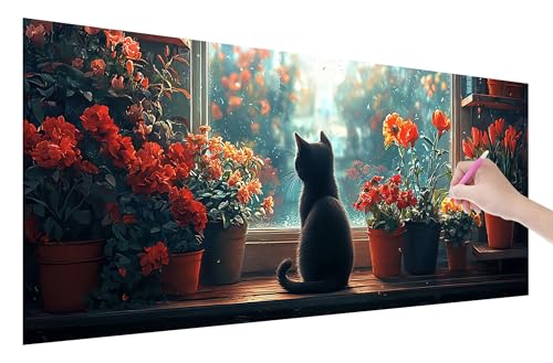 Diamond Painting Katze, 5D DIY Diamant Painting Bilder Blumen 150x60cm, Diamant Malerei Cross Stitch Stickerei Erwachsene Groß XXL, Basteln Erwachsene Set für Geschenke und Wand Deko Wohnzimmer, E-30 von Lijahoo