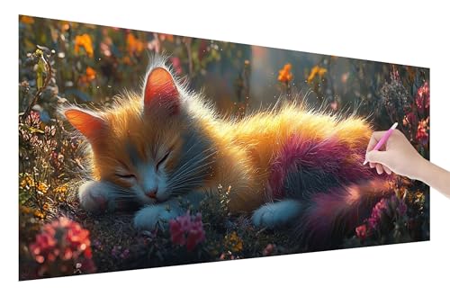 Diamond Painting Katze, 5D DIY Diamant Painting Bilder Blumen 150x60cm, Diamant Malerei Cross Stitch Stickerei Erwachsene Groß XXL, Basteln Erwachsene Set für Geschenke und Wand Deko Wohnzimmer, E-28 von Lijahoo