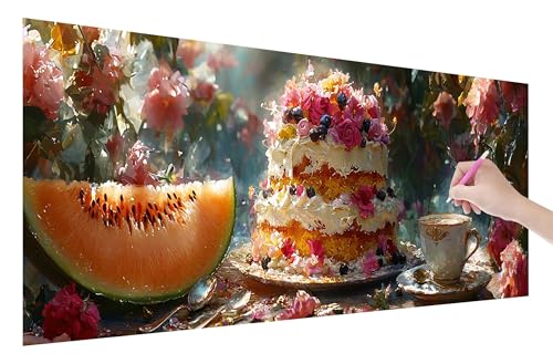 Diamond Painting Kuchen, 5D DIY Diamant Painting Bilder Blumen 100x40cm, Diamant Malerei Cross Stitch Stickerei Erwachsene Groß XXL, Basteln Erwachsene Set für Geschenke und Wand Deko Wohnzimmer, U-28 von Lijahoo