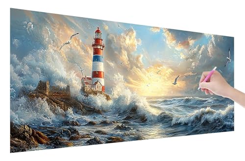 Diamond Painting Leuchtturm, 5D DIY Diamant Painting Bilder Wellen 200x80cm, Diamant Malerei Cross Stitch Stickerei Erwachsene Groß XXL, Basteln Erwachsene Set für Geschenke und Zimmer Wand Deko, O-99 von Lijahoo