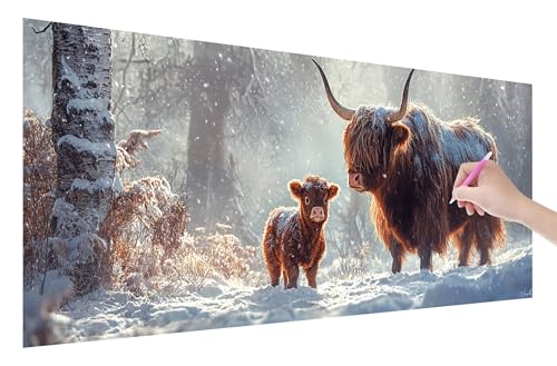 Diamond Painting Winter, 5D DIY Diamant Painting Bilder Hochlandrind 150x60cm, Diamant Malerei Cross Stitch Stickerei Erwachsene Groß XXL, Basteln Erwachsene Set für Geschenke, Zimmer Wand Deko, E-60 von Lijahoo