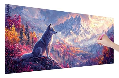 Diamond Painting Wolf, 5D DIY Diamant Painting Bilder Landschaft 70x30cm, Diamant Malerei Cross Stitch Stickerei Erwachsene Groß XXL, Basteln Erwachsene Set für Geschenke und Zimmer Wand Deko, W-23 von Lijahoo