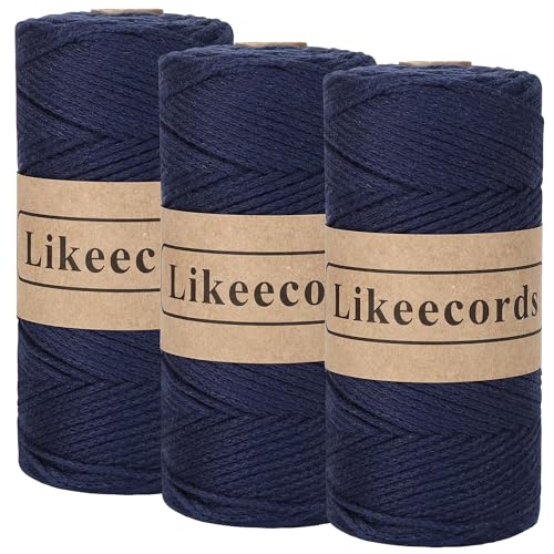 Likeecords 3 Rollen Wolle für Taschen häkeln 2mm x 170m,garn zum häkeln,makramee garn,baumwollgarn zum häkeln,100% Baumwolle Schlauchgarn for Knitting,Crochet, Weaving Gift （Dunkelblau） von Likeecords