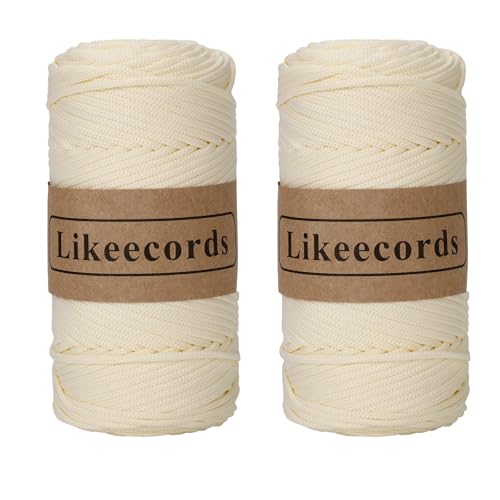 Likeecords 2 Rollen Polyester Garn 4mm x 130m,Nylongarn Makramee garn Kordel Häkelgarn Textilgarn zum häkeln für körbe Korb häkeln Taschen（Bianco latteo） von Likeecords