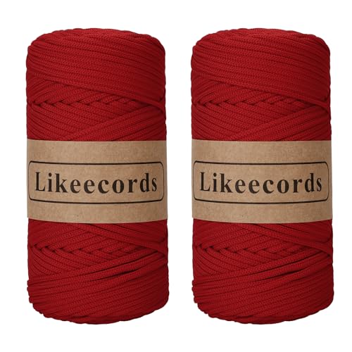 Likeecords 2 Rollen Polyester Garn 4mm x 130m,Nylongarn Makramee garn Kordel Häkelgarn Textilgarn zum häkeln für körbe Korb häkeln Taschen（Rosso） von Likeecords