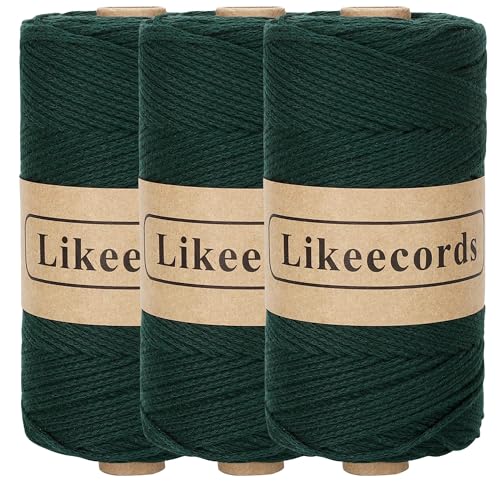 Likeecords 3 Rolle Wolle für Taschen häkeln 2mm x 170m,garn zum häkeln,makramee garn,baumwollgarn zum häkeln,100% Baumwolle Schlauchgarn for Knitting,Crochet, Weaving Gift （Dunkelgrün） von Likeecords