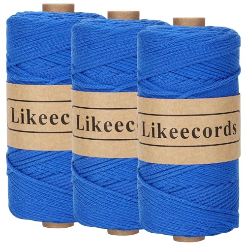 Likeecords 3 Rolle Wolle für Taschen häkeln 2mm x 170m,garn zum häkeln,makramee garn,baumwollgarn zum häkeln,100% Baumwolle Schlauchgarn for Knitting,Crochet, Weaving Gift （Royal Blue） von Likeecords