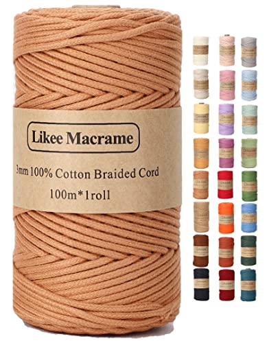 Likeecords Makramee Garn Geflochten 3mm x 100m,100% Natürliches Baumwollschnur Makramee-Schnur, Makramee-Seil, Bunte Bastelkordel aus Baumwolle für Taschen, Wandbehänge (leicht gebräunt) von Likeecords