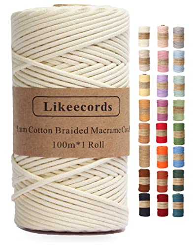 Likeecords Makramee Garn Geflochten 3mm x 100m,100% Natürliches Baumwollschnur Makramee-Schnur, Makramee-Seil, Bunte Bastelkordel aus Baumwolle für Taschen, Wandbehänge, Pflanzenaufhänger (Cremeweiß) von Likeecords