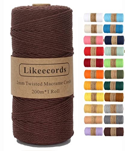 Likeecords Makramee Garn 2mm x 200m Baumwollgarn Makramee-Seil, Makramee-Schnur,Bunte Baumwoll-Bastelschnur zum Aufhängen Pflanzenaufhänger Basteln Stricken (Braun) von Likeecords