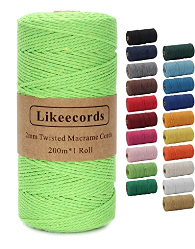 Likeecords Makramee Garn 2mm x 200m Baumwollgarn Makramee-Seil, Makramee-Schnur,Bunte Baumwoll-Bastelschnur zum Aufhängen Pflanzenaufhänger Basteln Stricken (Grasgrün) von Likeecords