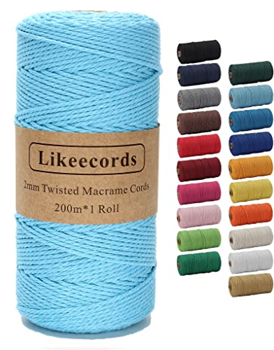 Likeecords Makramee Garn 2mm x 200m Baumwollgarn Makramee-Seil, Makramee-Schnur,Bunte Baumwoll-Bastelschnur zum Aufhängen Pflanzenaufhänger Basteln Stricken (Himmelblau) von Likeecords