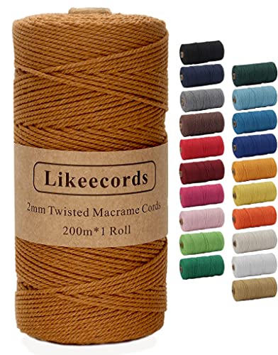 Likeecords Makramee Garn 2mm x 200m Baumwollgarn Makramee-Seil, Makramee-Schnur,Bunte Baumwoll-Bastelschnur zum Aufhängen Pflanzenaufhänger Basteln Stricken (Karamell) von Likeecords