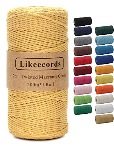 Likeecords Makramee Garn 2mm x 200m Baumwollgarn Makramee-Seil, Makramee-Schnur,Bunte Baumwoll-Bastelschnur zum Aufhängen Pflanzenaufhänger Basteln Stricken (Khaki) von Likeecords