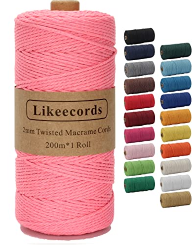 Likeecords Makramee Garn 2mm x 200m Baumwollgarn Makramee-Seil, Makramee-Schnur,Bunte Baumwoll-Bastelschnur zum Aufhängen Pflanzenaufhänger Basteln Stricken (Rosa) von Likeecords