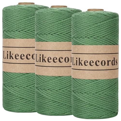 Likeecords 3 Rolle Wolle für Taschen häkeln 2mm x 170m,garn zum häkeln,makramee garn,baumwollgarn zum häkeln,100% Baumwolle Schlauchgarn for Knitting,Crochet, Weaving Gift （Grün） von Likeecords