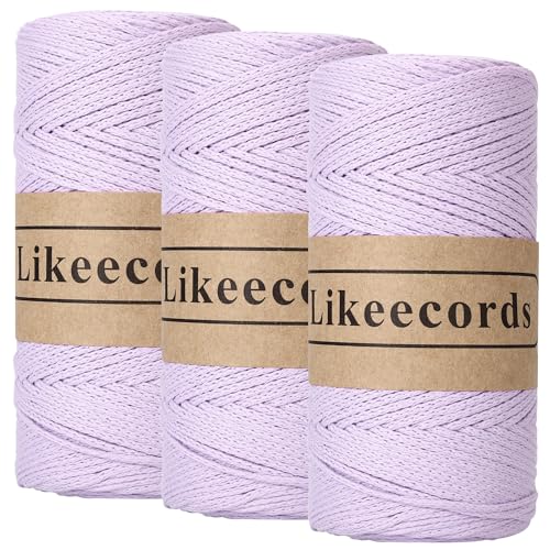 Likeecords 3 Rollen Wolle für Taschen häkeln 2mm x 170m,garn zum häkeln,makramee garn,baumwollgarn zum häkeln,100% Baumwolle Schlauchgarn for Knitting,Crochet, Weaving Gift （Lila） von Likeecords