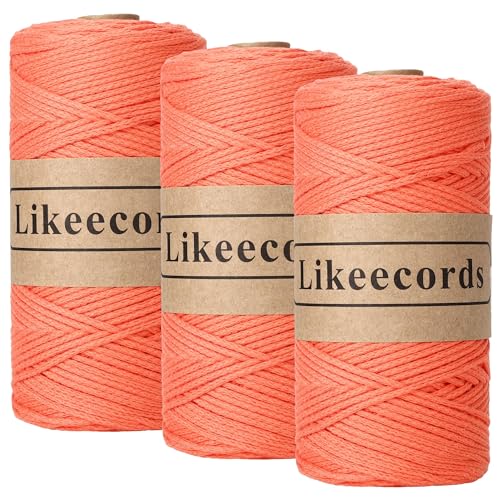 Likeecords 3 Rollen wolle für taschen häkeln 2mm x 170m,garn zum häkeln,makramee garn,baumwollgarn zum häkeln,100% Baumwolle Schlauchgarn for Knitting,Crochet, Weaving Gift （Orange） von Likeecords