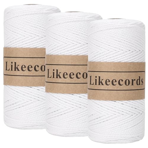 Likeecords 3 Rollen Wolle für Taschen häkeln 2mm x 170m,garn zum häkeln,makramee garn,baumwollgarn zum häkeln,100% Baumwolle Schlauchgarn for Knitting,Crochet, Weaving Gift （Reines Weiß） von Likeecords