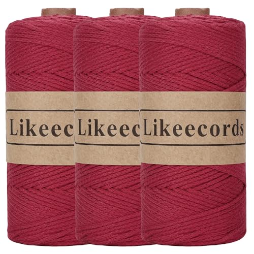 Likeecords 3 Rollen Wolle für Taschen häkeln 2mm x 170m,garn zum häkeln,makramee garn,baumwollgarn zum häkeln,100% Baumwolle Schlauchgarn for Knitting,Crochet, Weaving Gift （Weinrot） von Likeecords