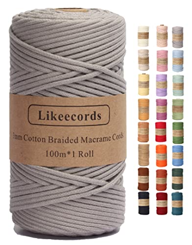 Likeecords Makramee Garn Geflochten 3mm x 100m,100% Natürliches Baumwollschnur Makramee-Schnur, Makramee-Seil, Bunte Bastelkordel aus Baumwolle für Taschen, Wandbehänge, Pflanzenaufhänger (grau) von Likeecords