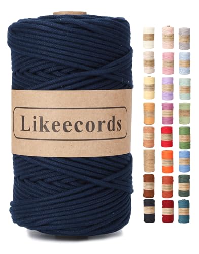 Likeecords Makramee Garn Geflochten 3mm x 100m,100% Natürliches Baumwollschnur Makramee-Schnur, Makramee-Seil, Bunte Bastelkordel aus Baumwolle für Taschen, Wandbehänge, Pflanzenaufhänger (dunkelblau) von Likeecords