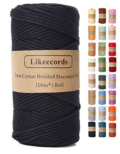 Likeecords Makramee Garn Geflochten 3mm x 100m,100% Natürliches Baumwollschnur Makramee-Schnur, Makramee-Seil, bunte Bastelkordel aus Baumwolle für Taschen, Wandbehänge, Pflanzenaufhänger (schwarz) von Likeecords