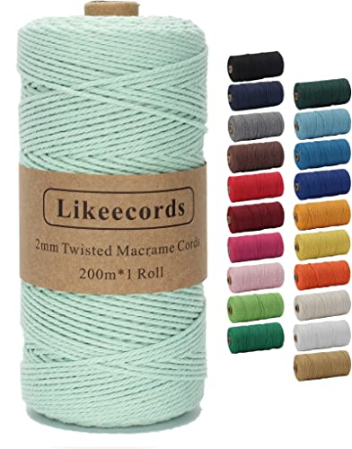 Likeecords Makramee-Schnur 2 mm x 220 Yards, farbiges Makramee-Seil, Baumwollseil, Makramee-Garn, Bunte Baumwoll-Bastelschnur zum Aufhängen, Pflanzenaufhänger, Basteln, Stricken (hellgrün) von Likeecords