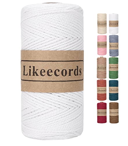 Likeecords Wolle für Taschen häkeln 2mm x 170m,garn zum häkeln,makramee garn,baumwollgarn zum häkeln,100% Baumwolle Schlauchgarn for Knitting,Crochet, Weaving Gift (Reines Weiß) von Likeecords