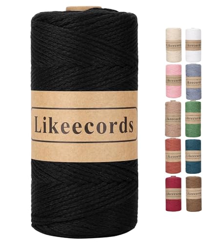 Likeecords Wolle für Taschen häkeln 2mm x 170m,garn zum häkeln,makramee garn,baumwollgarn zum häkeln,100% Baumwolle Schlauchgarn for Knitting,Crochet, Weaving Gift (Schwarz) von Likeecords