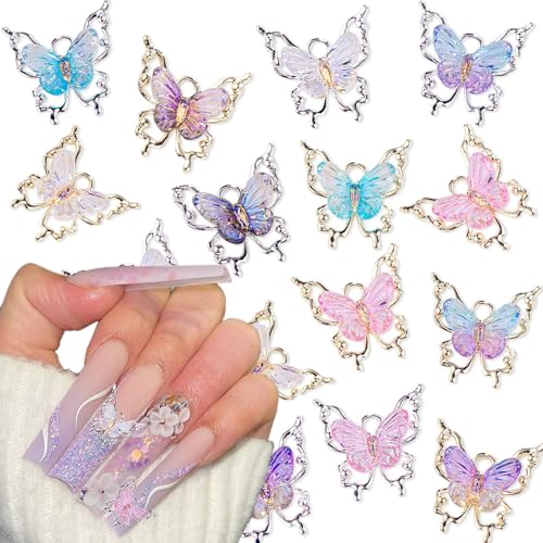 Lilbitty 12 Stück Schmetterling Nagel Charms, 3D Nail Art Charms in Gold und Silber, Aurora Bling Nagelsteine, Bunte Schmetterling Nail Charms für Nägel, Y2K Nagel Dekorationen, Nagelschmuck von Lilbitty