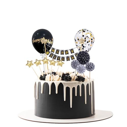 Lilbitty 12 Stück Tortendeko Schwarz Gold, Happy Birthday Kuchendeko, Kuchendeko Geburtstag Junge, Cake Topper Schwarz, Papierfächer Sterne Cupcake Tortenstecker von Lilbitty