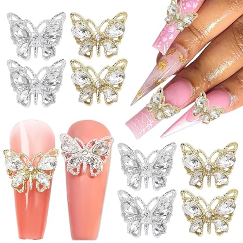 Lilbitty 20 Stück 3D-Schmetterlings-Nagel-Charms für Acrylnägel, Metall-Schmetterlings-Nagelkunst-Charms mit Diamanten, Gold-Silber-Schmetterlinge, Nagel-Charms von Lilbitty