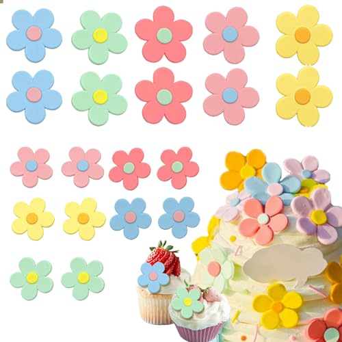 Lilbitty 20 Stücke Blumen Cupcake Topper, Blumen Kuchen Deckel Tortendeko für Party Hochzeit, Geburtstag, Fünffarbige Blumen-Kuchendekoration aus weichem Kleber von Lilbitty