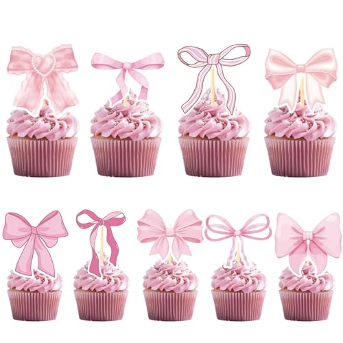 Lilbitty 36 Stück Rosa Schleife Cupcake Topper Set, Partydekorationen für Coquette Themengeburtstag, Romantische Hochzeit und Verschiedene Anlässe, Vorab Montiert von Lilbitty