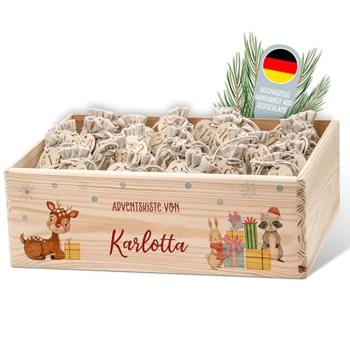 Lilleta ® Personalisierte Adventskiste (Rudolf + Freundebande) - Adventskalender 2024 aus Holz mit Namen - Weihnachtskalender für Kinder & Erwachsene von Lilleta