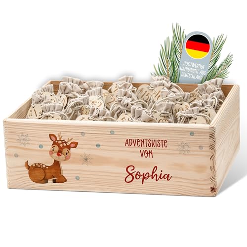 Lilleta ® Personalisierte Adventskiste Rudolf - Adventskalender 2024 aus Holz mit Namen - Weihnachtskalender für Kinder & Erwachsene von Lilleta