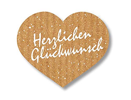 Geschenk-Etiketten Herz "Herzlichen Glückwunsch" E-949-250 - 38x32 mm - Kraft-braun mit Weißprägung - 250 Stück/Rolle von LillyDesign