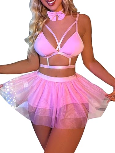 Lilosy Sexy Hasenmädchen-Kostüm, Cosplay, Bügel, Push-Up-Riemen, Schleife, Netzstoff, durchsichtig, Dessous-Set, Bralette, Slip-Rock, Chocker, durchsichtig, 3-teilig, Rosa, Größe S von Lilosy