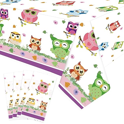 4 Pack niedliche Eule Tischdecke Dekorationen, rosa Eule Baby Woodland Themed Party Tischdecken, Eule Geburtstag Partyzubehör für Mädchen Kinder Baby Dusche, 130 x 220 cm von Lilwemen