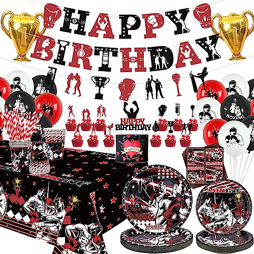 Box-Geburtstagsparty-Dekorationen, Boxen, Match, Kampfsport, Partyzubehör – Happy Birthday Banner, Teller, Tischdecken, Luftballons, Servietten, Tassen, Wrestling-Partyzubehör, für 20 Gäste von Lilwemen