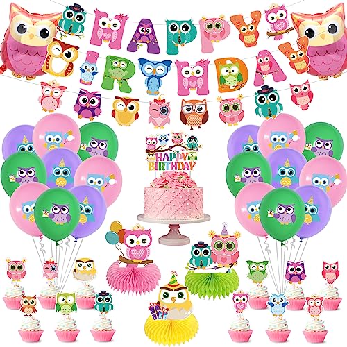 Eule Geburtstag Party Dekorations, niedliche Eule Party Zubehör mit Happy Birthday Banner, Honeycomb Centerpieces, Ballons, Cupcake Topper, rosa Eule Waldland Party Zubehör für Kinder, Baby Shower von Lilwemen