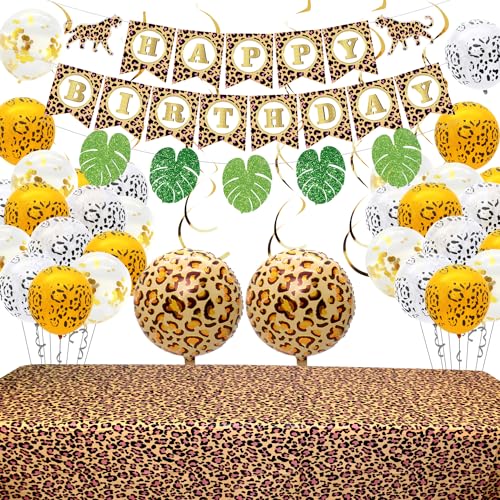 Gepard Geburtstagsdekorationen, Gepard Party Supplies Einschließlich Happy Birthday Banner Leopard Ballons Safari Leopard Print Tischdecke für Party Junge Mädchen Babyparty von Lilwemen