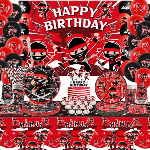 Ninja Geburtstag Party Dekoration, Ninja Happy Birthday Backdrop, Geschirr, Tischdecke und Luftballons, Karate Party Ninja Warrior Master Party Zubehör für Jungen Mädchen Baby Dusche, serviert 20 von Lilwemen