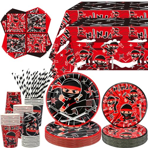 Ninja Geburtstag Party Dekoration - Ninja Warrior Party Supplies enthalten Teller, Tischdecke, Servietten, Geschirr, Karate Ninja Master Party Supplies für Jungen Mädchen Baby Dusche, serviert 40 von Lilwemen