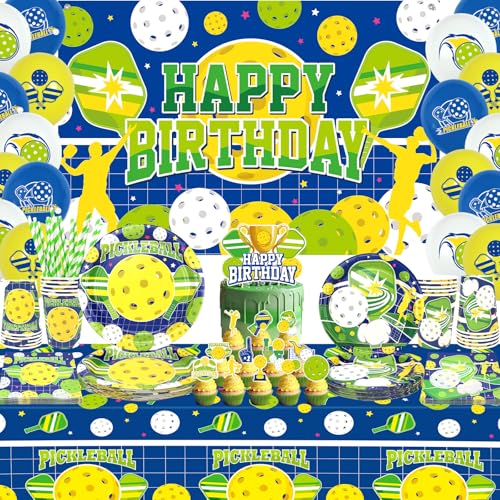 Pickleball Geburtstag Party Dekorationen - Pickleball Happy Birthday Backdrop, Cake Toppers, Geschirr, Luftballons und Tischdecke für Pickleball Themed Party Supplies, serviert 20 von Lilwemen