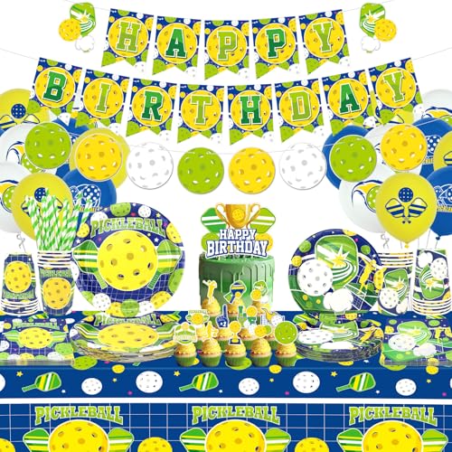 Pickleball Geburtstag Party Dekorationen - Pickleball Happy Birthday Banner, Cake Toppers, Geschirr, Luftballons und Tischdecke für Pickleball Themed Party Supplies, serviert 20 von Lilwemen