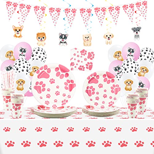 Pink Dog Birthday Supplies Doggy Paw Print Party Decorations Including Paper Tableware, Hanging Swirl, Balloons, Tablecloth for Girl Puppy Kids, Dog Lover, Serves 20 von Lilwemen